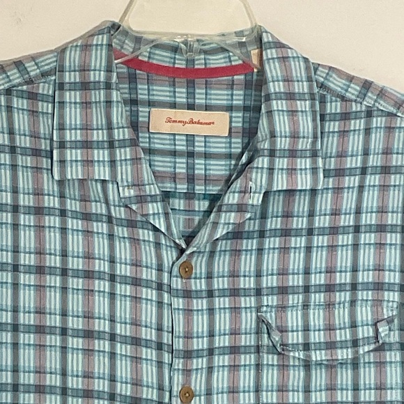 Tommy Bahama Other - Tommy Bahama Shirt Mens XL Blue Plaid 100% Silk Short Sleeve Button Up Casual